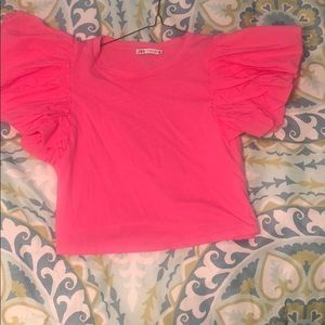 Pink ruffled sleeves, crop top